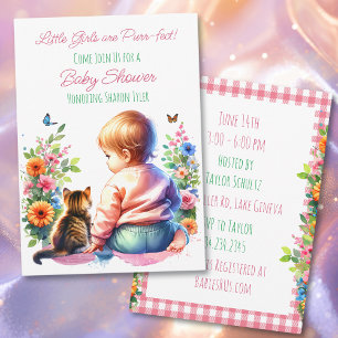 Invitación Niña y gatito   Baby Shower acuarela