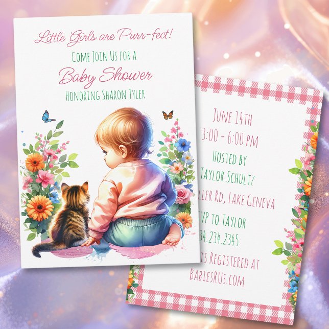 Invitación Niña y gatito | Baby Shower acuarela (Subido por el creador)