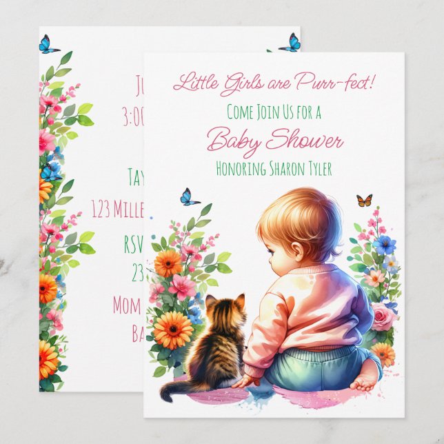 Invitación Niña y gatito | Baby Shower acuarela (Anverso / Reverso)