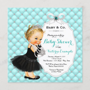 Invitación Niñas Baby & Co Fiesta de Bebé Azul Teal Negro