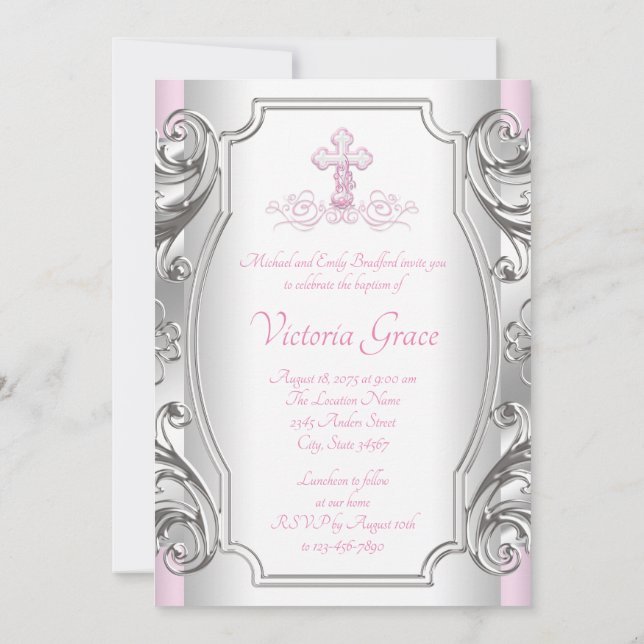 Invitación Niñas Bautizo Cruz Plateada Rosa Niña (Reverso)