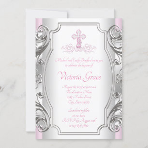 Invitación Niñas Bautizo Cruz Plateada Rosa Niña