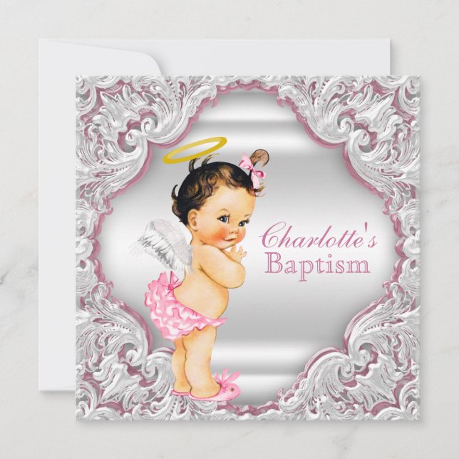 Invitación Niñas Bautizo de bebé niña ángel rosa blanco (Anverso)