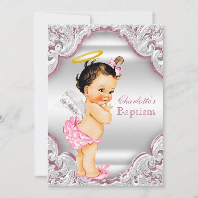 Invitación Niñas Bautizo de bebé niña ángel rosa blanco (Anverso)