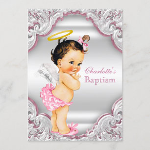 Invitación Niñas Bautizo de bebé niña ángel rosa blanco