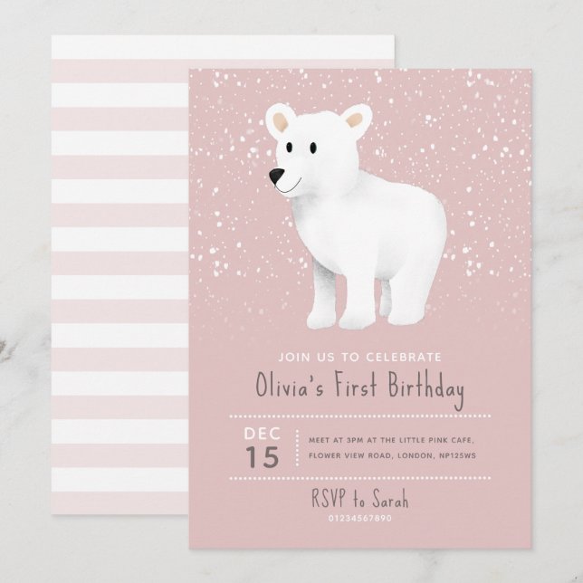 Invitación Niñas bebés Primer cumpleaños Oso Polar de vacacio (Anverso / Reverso)
