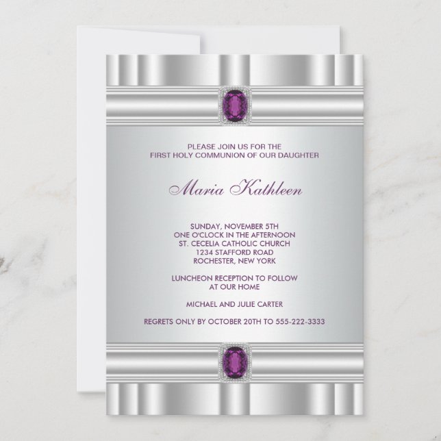 Invitación Niñas Blanco Púrpura Primera Comunión (Anverso)