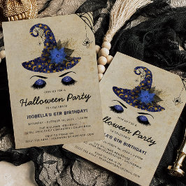 Invitación Niñas brujas lindas cumpleaños azul Halloween niño