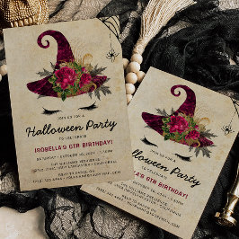 Invitación Niñas brujas lindas Halloween cumpleaños burgundy 