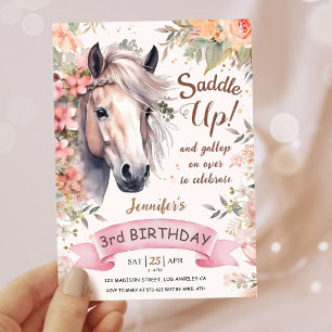 Invitación Niñas Caballo 3er Cumpleaños Floral Salvaje Silla