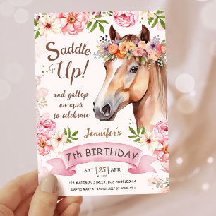 Invitación Niñas Caballo 7º Cumpleaños Floral ¡Silla Arriba!