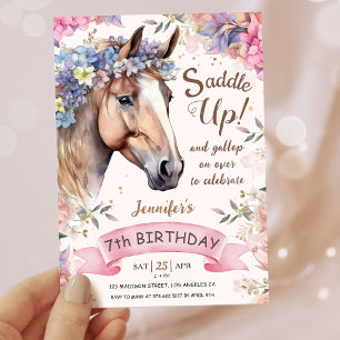 Invitación Niñas Caballo 7º Cumpleaños Floral ¡Silla Arriba!