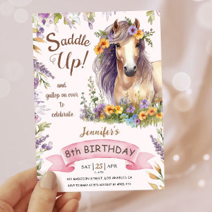 Invitación Niñas Caballo 8º Cumpleaños Púrpura Floral Silla A