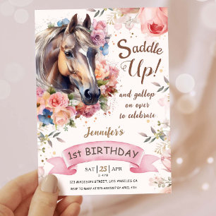 Invitación Niñas Caballo Cumpleaños 1er Silla de montar ¡Vamo