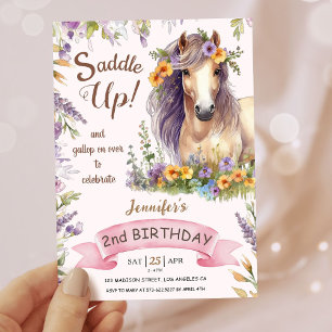 Invitación Niñas Caballo Cumpleaños 2º Silla Arriba Floral Pú
