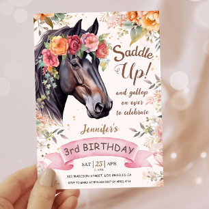 Invitación Niñas Caballo Cumpleaños 3º Silla de Vaquera Rosa