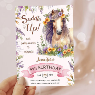 Invitación Niñas Caballo Cumpleaños 4º Floral Púrpura Silla A