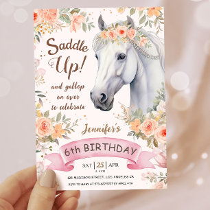 Invitación Niñas Caballo Cumpleaños 6 Rosa Floral Silla Arrib