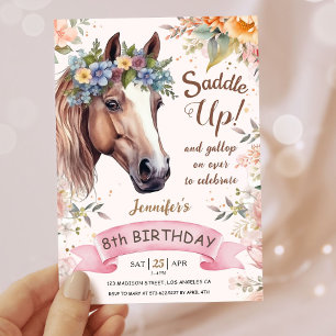 Invitación Niñas Caballo Cumpleaños 8 Rosa Floral Silla Arrib