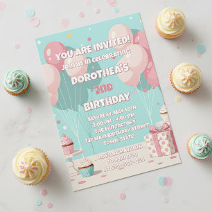 Invitación Niñas con Globos de Rosa Pastel y Menta para Segun