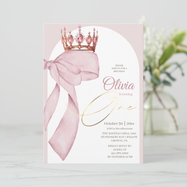 Invitación Niñas con lazo rosa primer cumpleaños (Anverso de pie)