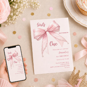Invitación Niñas con lazo rosa quieren ser una Cumpleaños 1