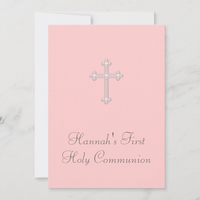 Invitación Niñas Cruz Rosa Primera Comunión (Anverso)