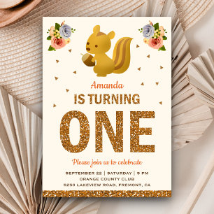 Invitación Niñas de ardilla bebé bosque floral primer cumplea