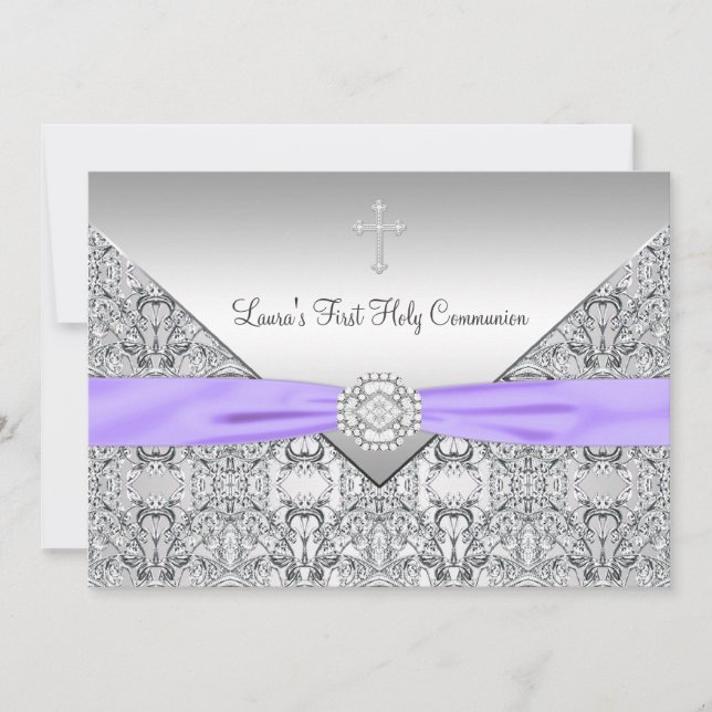 Invitación Niñas de Cruz de Encaje Morado Primera Comunión (Anverso)