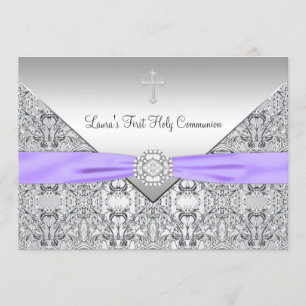 Invitación Niñas de Cruz de Encaje Morado Primera Comunión