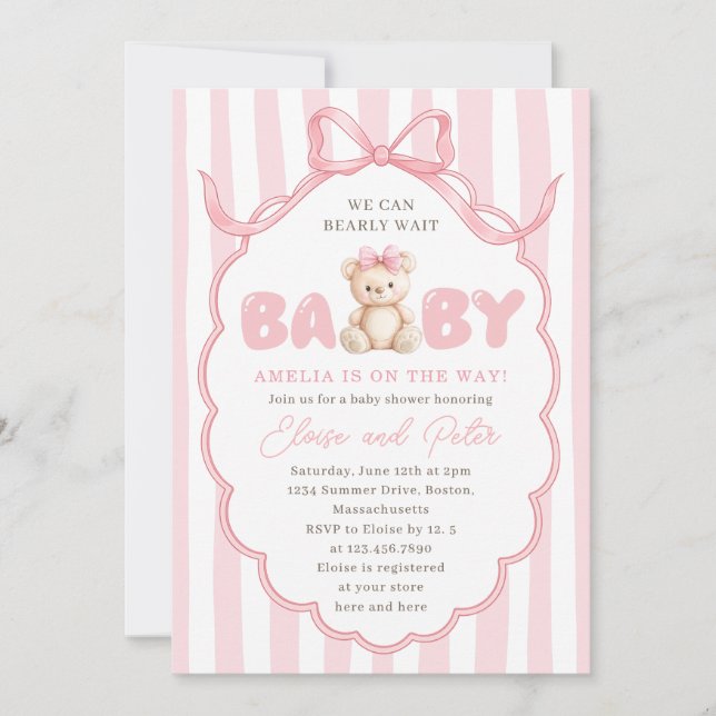 Invitación Niñas de osito de peluche Cumple de bebe rosa (Anverso)