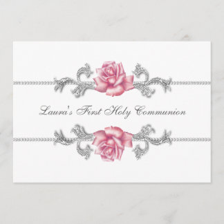 Invitación Niñas de Primera Comunión con Rosa Blanca y Rosa