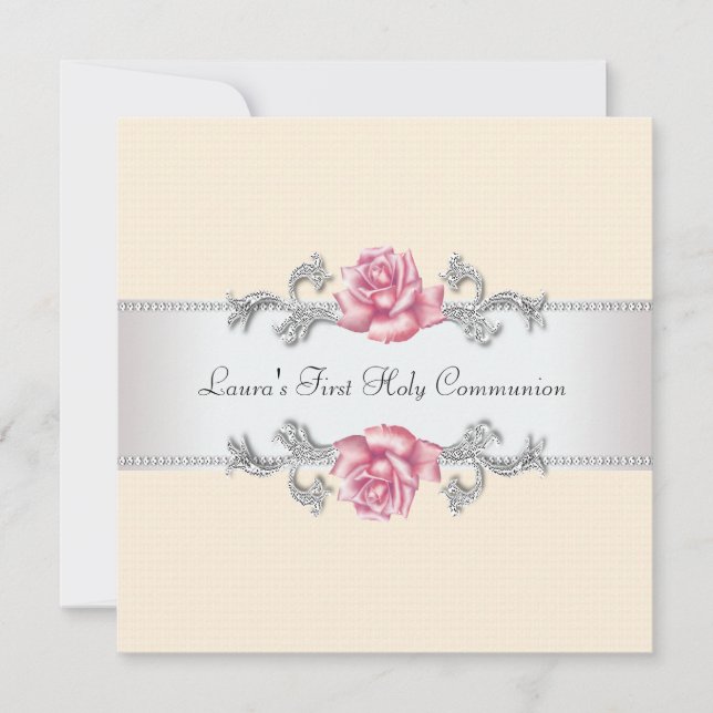 Invitación Niñas de Primera Comunión con Rosa Rosa (Anverso)