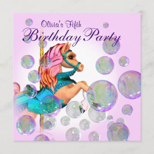 Invitación Niñas del Pony Carrusel de Burbujas Rosas Fiesta d