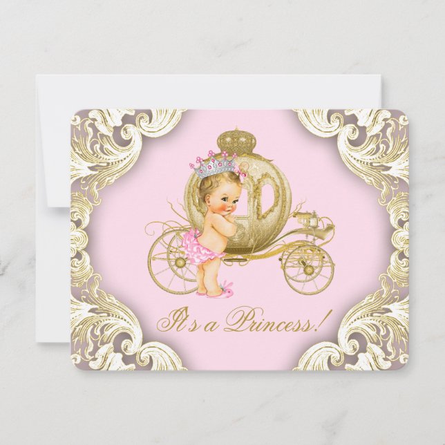 Invitación Niñas en Carruaje Rosa y Dorado Fiesta de Bebé Pri (Anverso)
