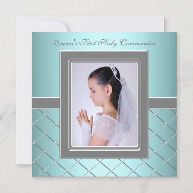 Invitación Niñas Foto Azul Turquesa Primera Comunión (Anverso)