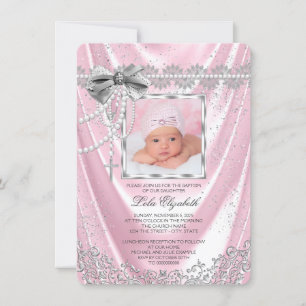 Invitación Niñas Foto Bautizo Rosa y Plata