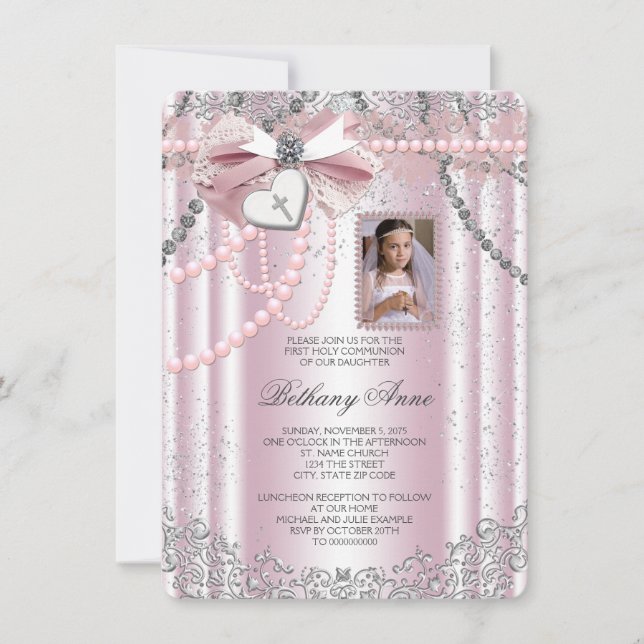 Invitación Niñas Foto Cruz Rosa Primera Comunión (Anverso)