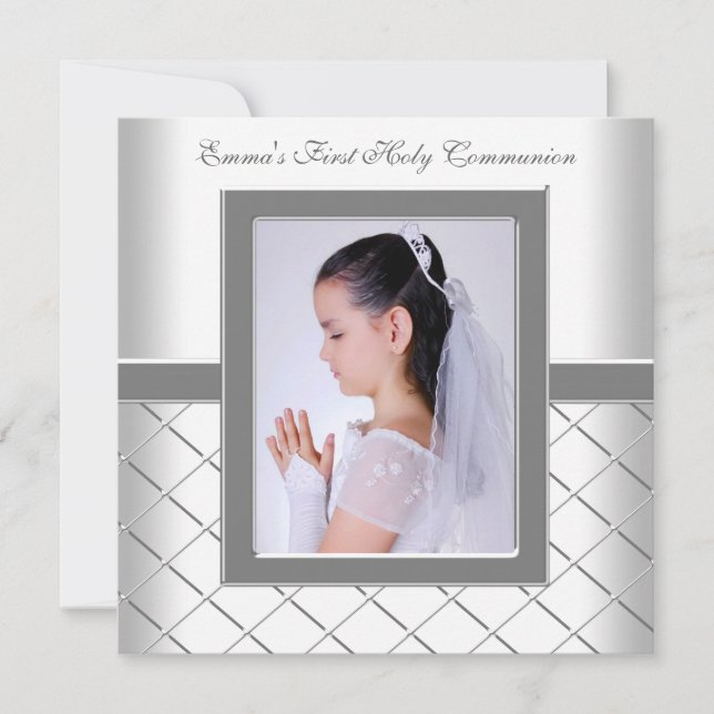 Invitación Niñas Foto Primera Comunión Plata Blanco (Anverso)