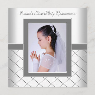 Invitación Niñas Foto Primera Comunión Plata Blanco
