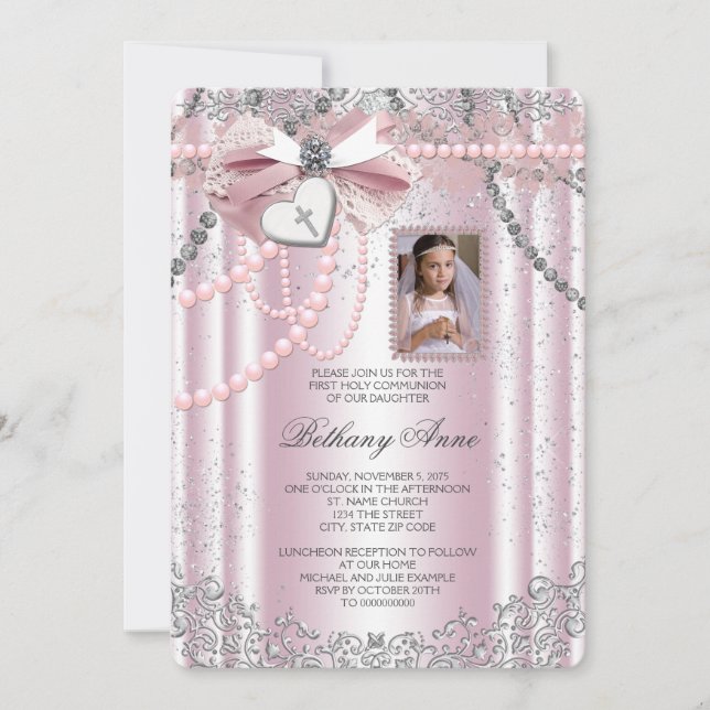Invitación Niñas Foto Rosa Primera Comunión (Anverso)