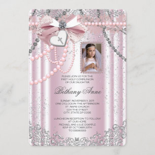 Invitación Niñas Foto Rosa Primera Comunión