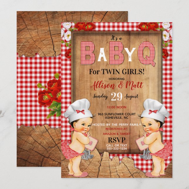Invitación Niñas Gemelas Bebé Gingham Rojo Madera Bebé Q Barb (Anverso / Reverso)