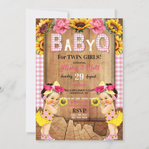 Invitación Niñas gemelas bebé girasol rosa Baby Q Barbacoa
