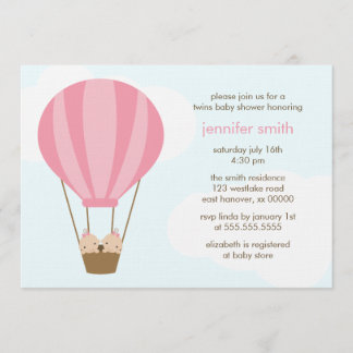 Invitación Niñas gemelas en un globo rosa en Baby Shower