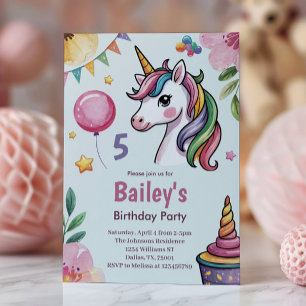 Invitación Niñas Lindo Cumpleaños Infantil Unicornio Pastel