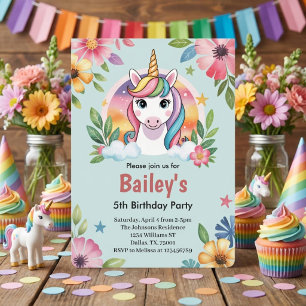 Invitación Niñas Lindo Unicornio Azul Cumpleaños Infantil