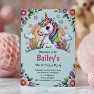 Invitación Niñas Lindo Unicornio Azul Cumpleaños Infantil