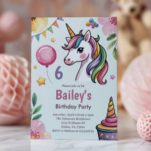 Invitación Niñas Lindo Unicornio Pastel Niños 6to Cumpleaños