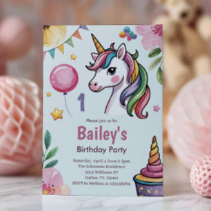 Invitación Niñas Lindo Unicornio Pastel Niños Cumpleaños 1